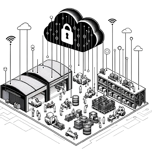 DALL_E_2023-11-07_09.56.02_-_Create_a_black_and_white_schematic_illustration_in_PNG_format_with_a_transparent_background_that_depicts_a_warehouse_with_workers__and_above_them__a_c-removebg-preview